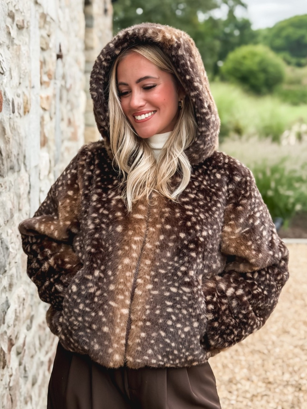 Deer Print Faux Fur Hooded Jacket in Spotted Brown
